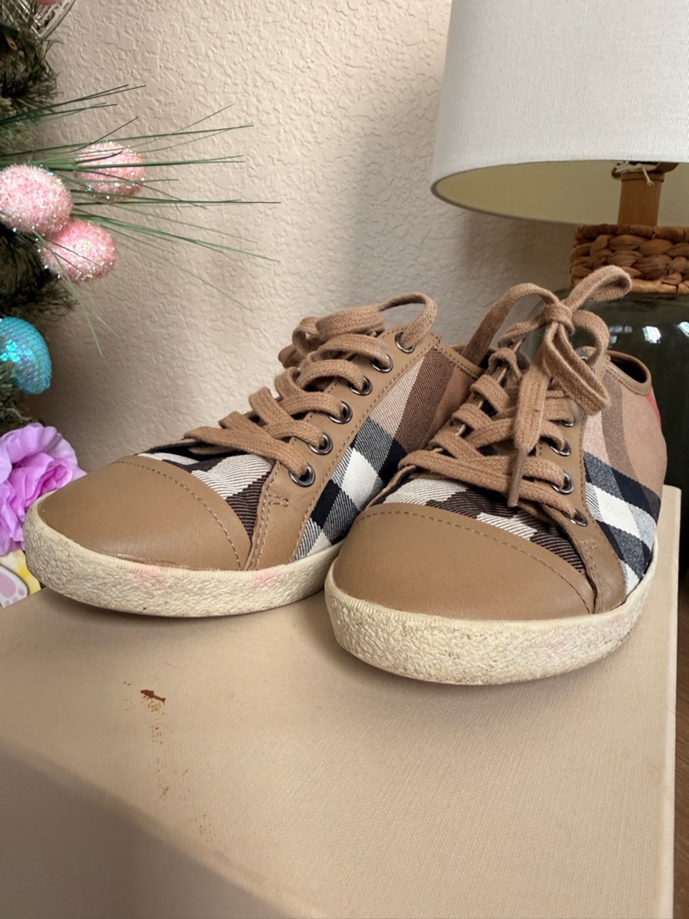 Burberry Tan Plaid Low-Top Sneakers - Picture 5 of 8